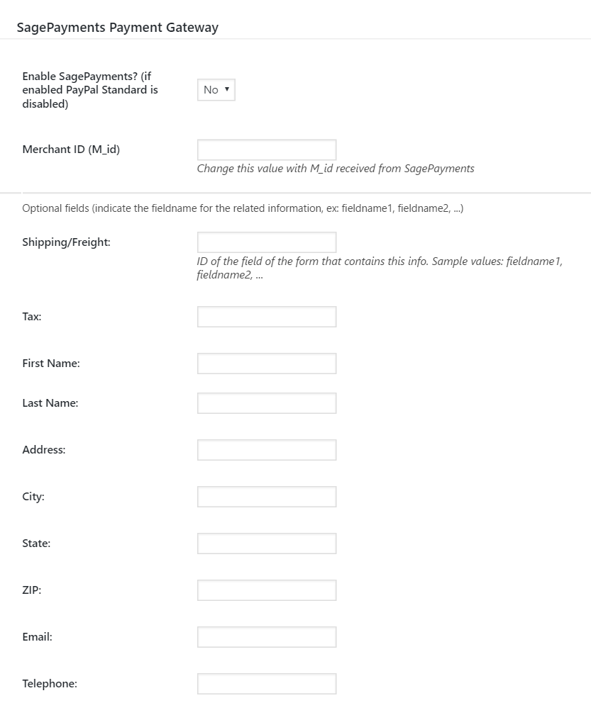Sage Payment form settings